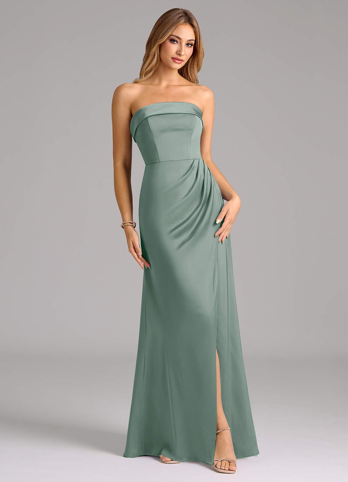 Aretha A-Line Strapless Stretch Satin Bridesmaid Dress in Silver Sage