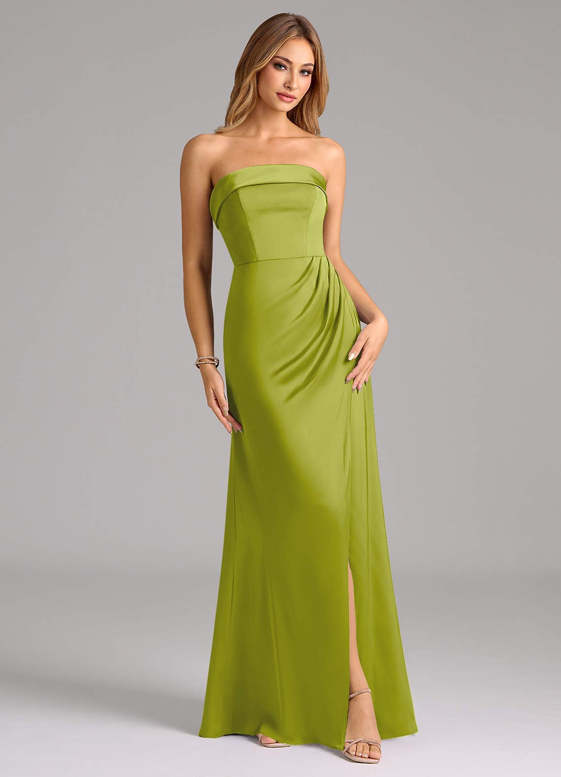 Aretha A-Line Strapless Stretch Satin Bridesmaid Dress in Lemongrass