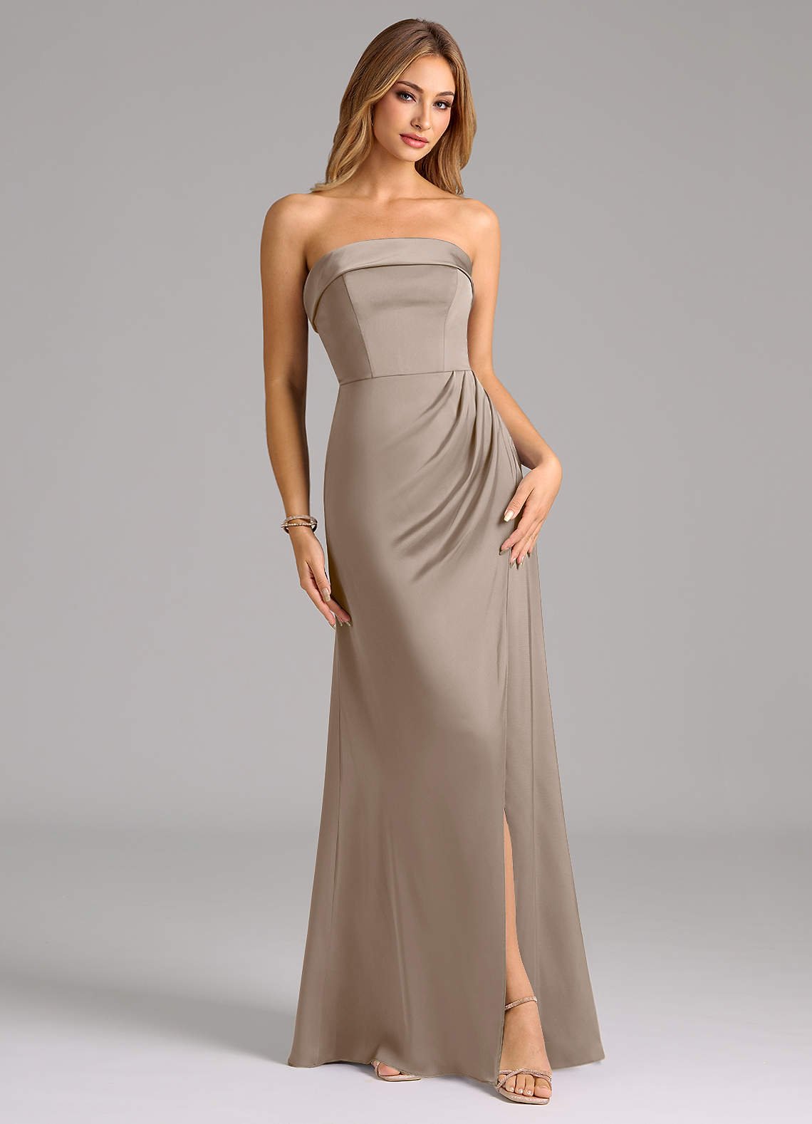 Aretha A-Line Strapless Stretch Satin Bridesmaid Dress in Taupe