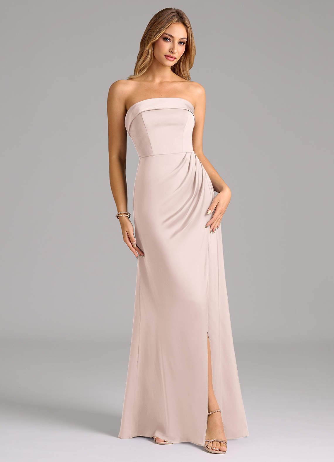 Aretha A-Line Strapless Stretch Satin Bridesmaid Dress in Blushing Pink