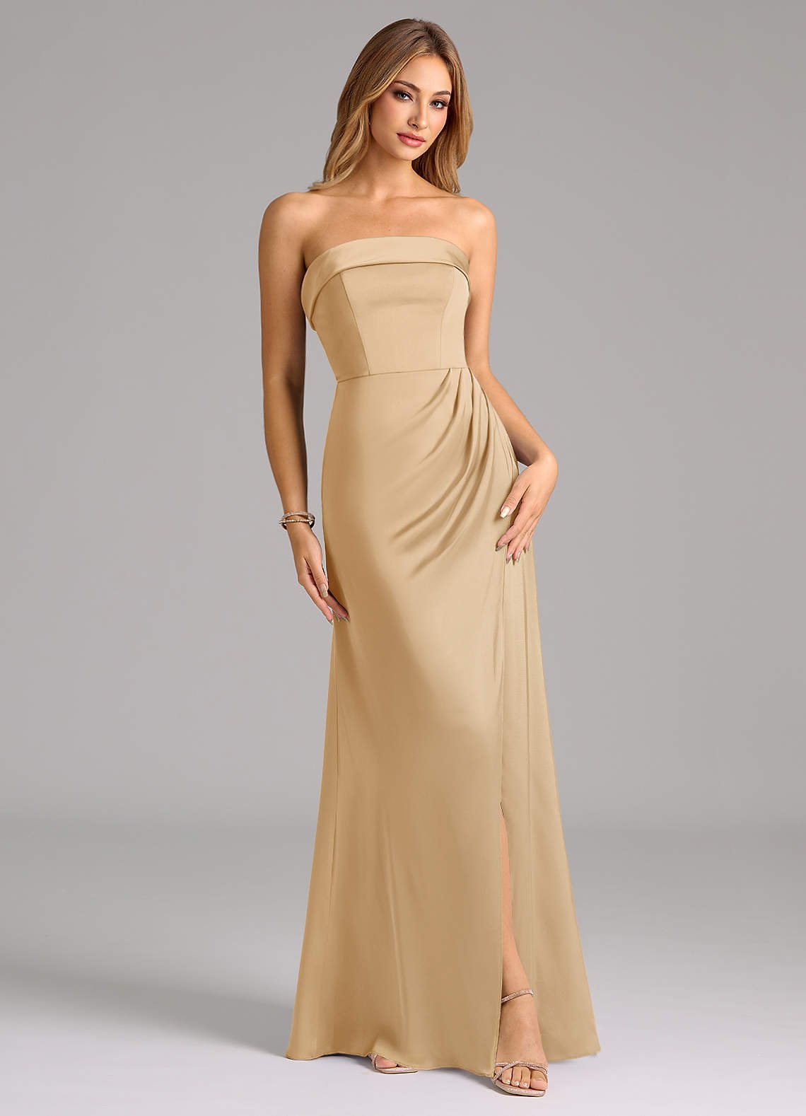 Aretha A-Line Strapless Stretch Satin Bridesmaid Dress in Gold
