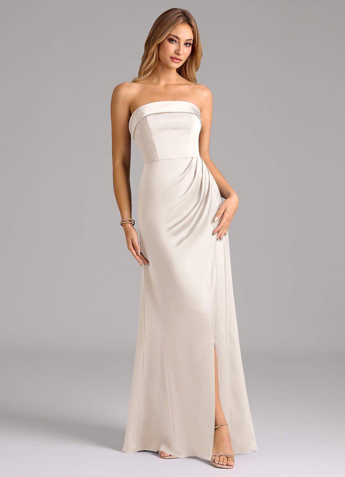 Aretha A-Line Strapless Stretch Satin Bridesmaid Dress in White Alabaster