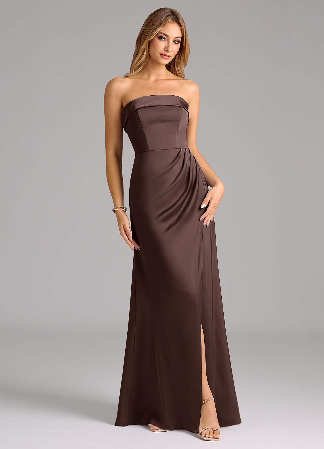 Aretha A-Line Strapless Stretch Satin Bridesmaid Dress in Ganache