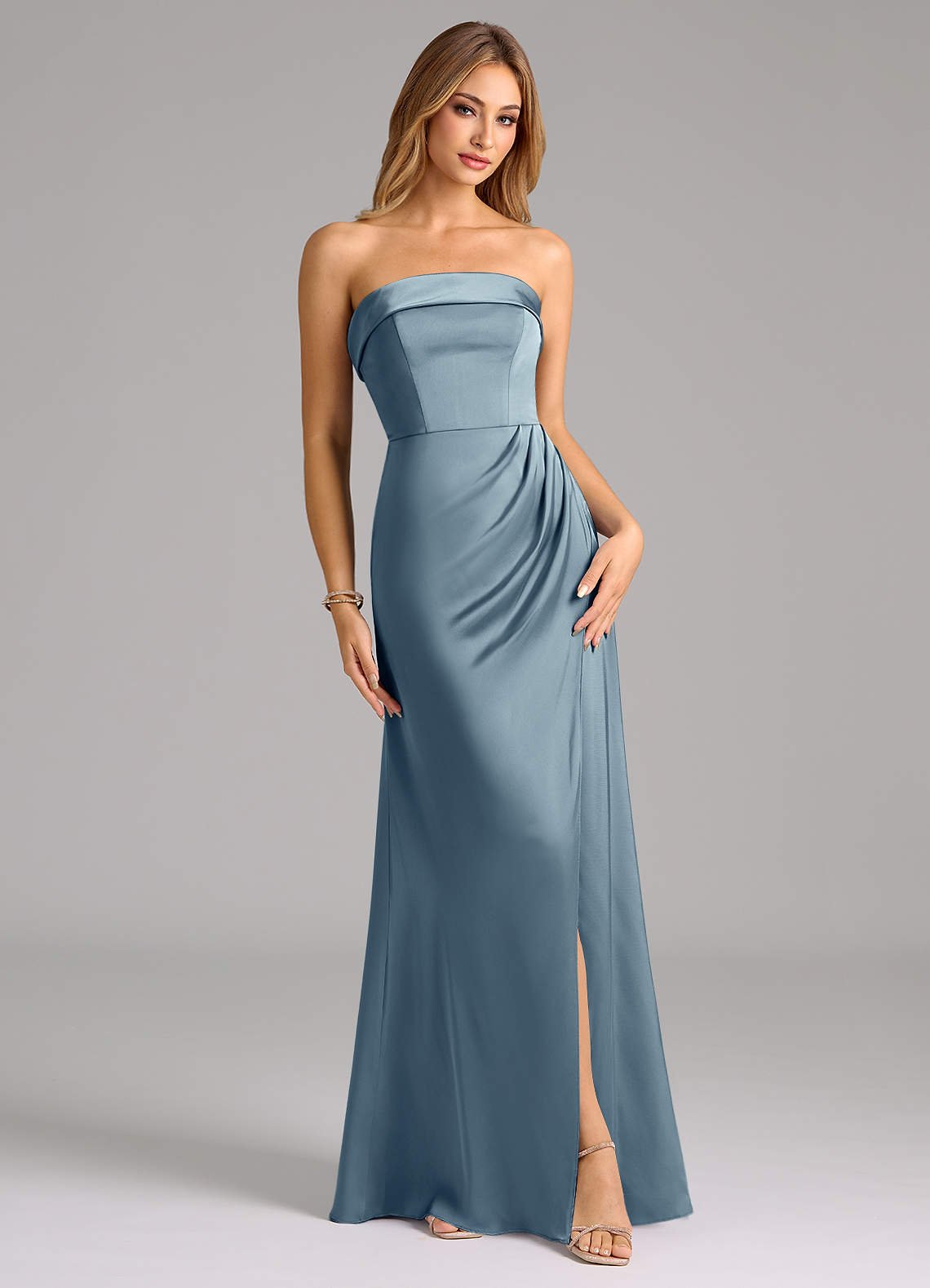 Aretha A-Line Strapless Stretch Satin Bridesmaid Dress in dusty blue