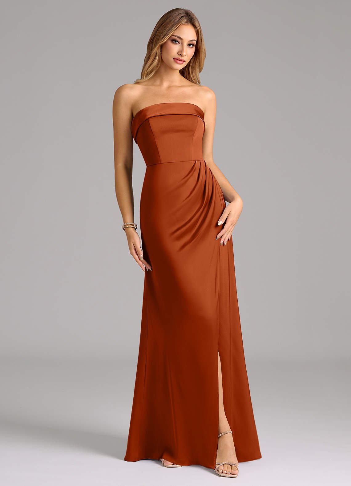 Aretha A-Line Strapless Stretch Satin Bridesmaid Dress in Burnt Orange