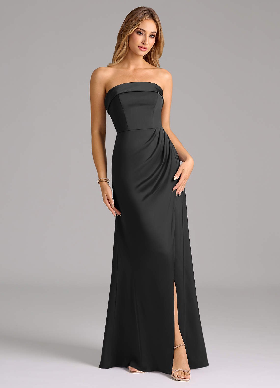 Aretha A-Line Strapless Stretch Satin Bridesmaid Dress in black