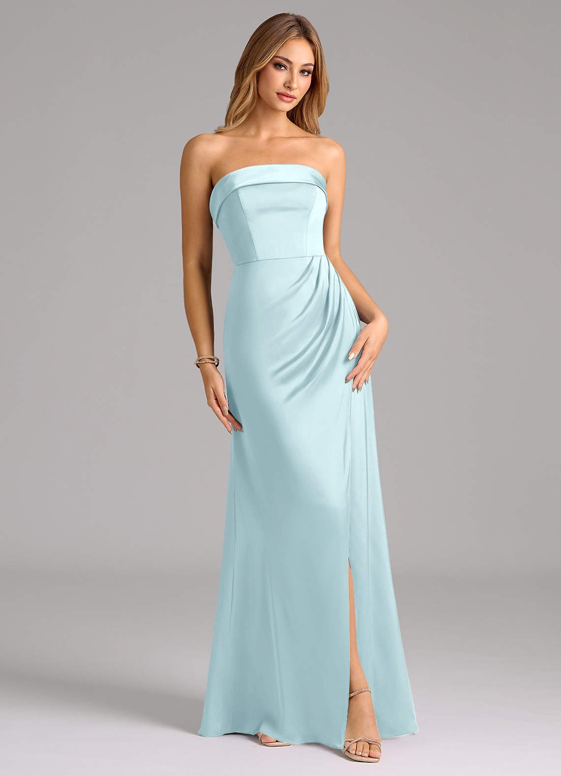 Aretha A-Line Strapless Stretch Satin Bridesmaid Dress in Cloud Blue