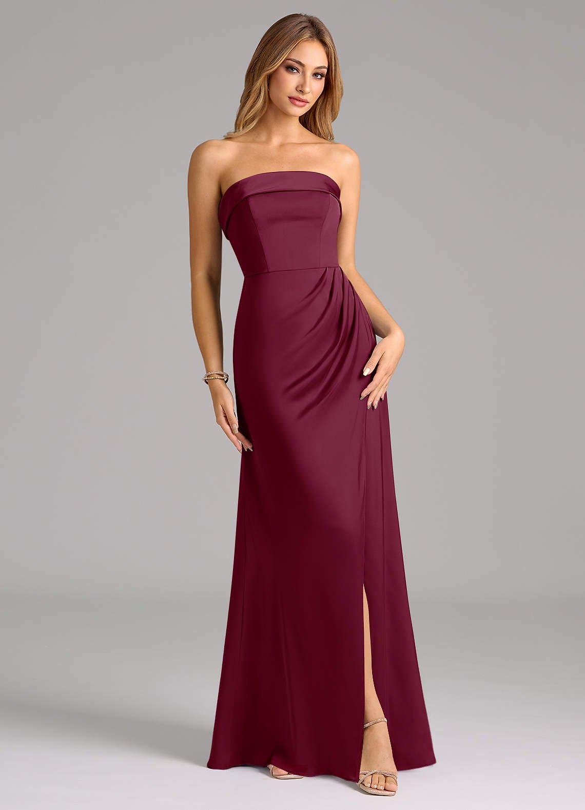 Aretha A-Line Strapless Stretch Satin Bridesmaid Dress in Mulberry