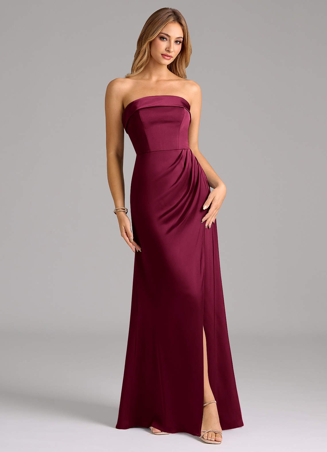 Aretha A-Line Strapless Stretch Satin Bridesmaid Dress in Burgundy