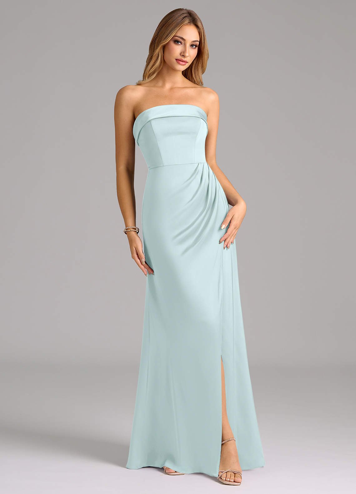 Aretha A-Line Strapless Stretch Satin Bridesmaid Dress in Sea Glass