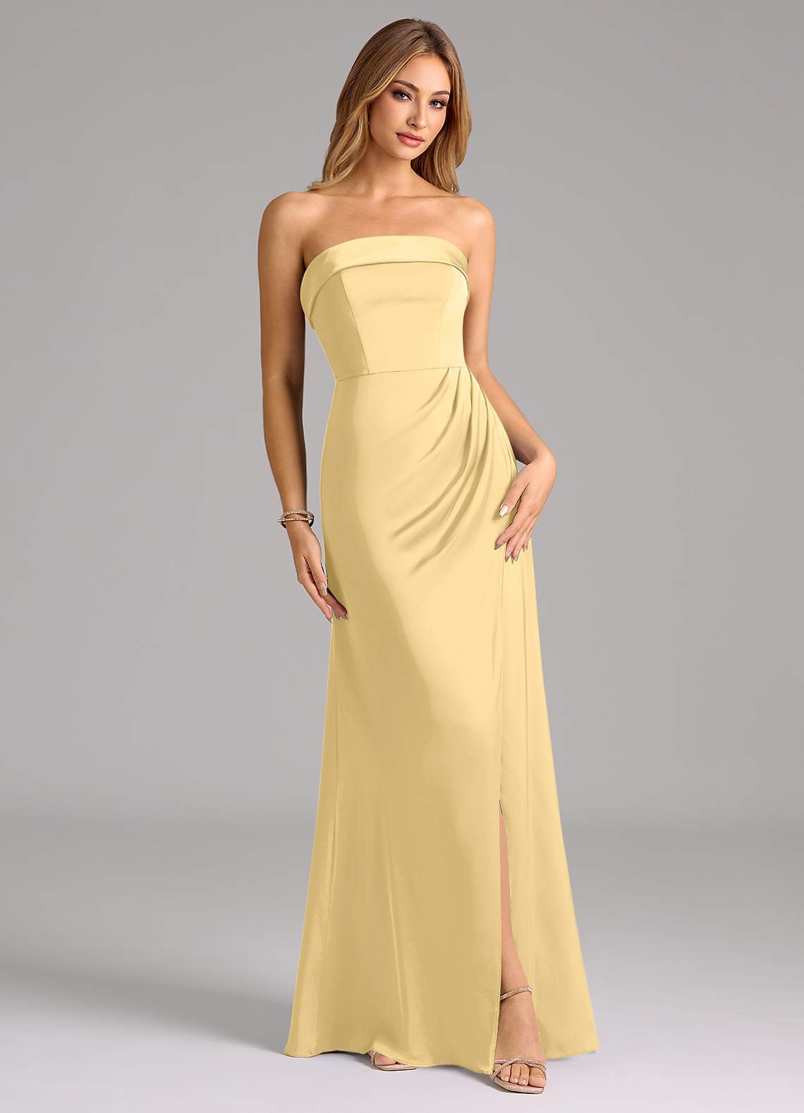Aretha A-Line Strapless Stretch Satin Bridesmaid Dress in Butter