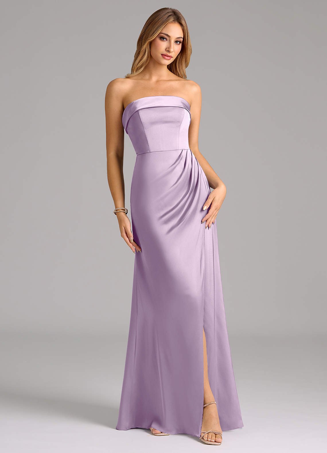 Aretha A-Line Strapless Stretch Satin Bridesmaid Dress in Frosted Lilac