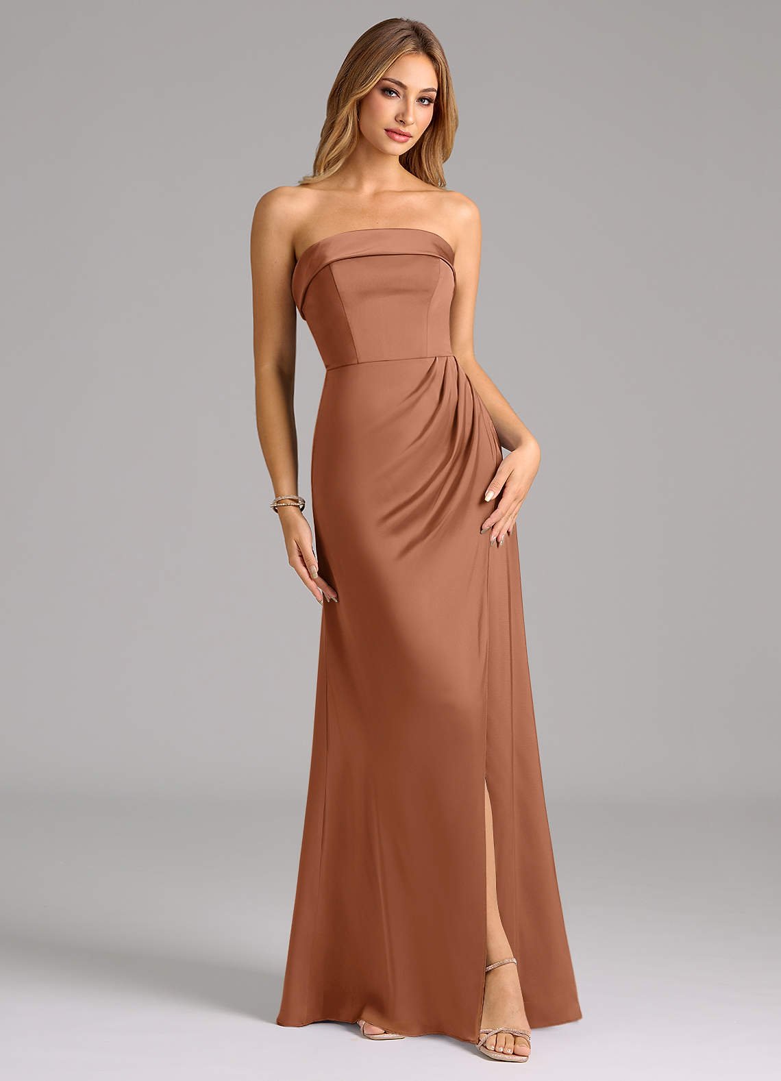 Aretha A-Line Strapless Stretch Satin Bridesmaid Dress in Bronzer
