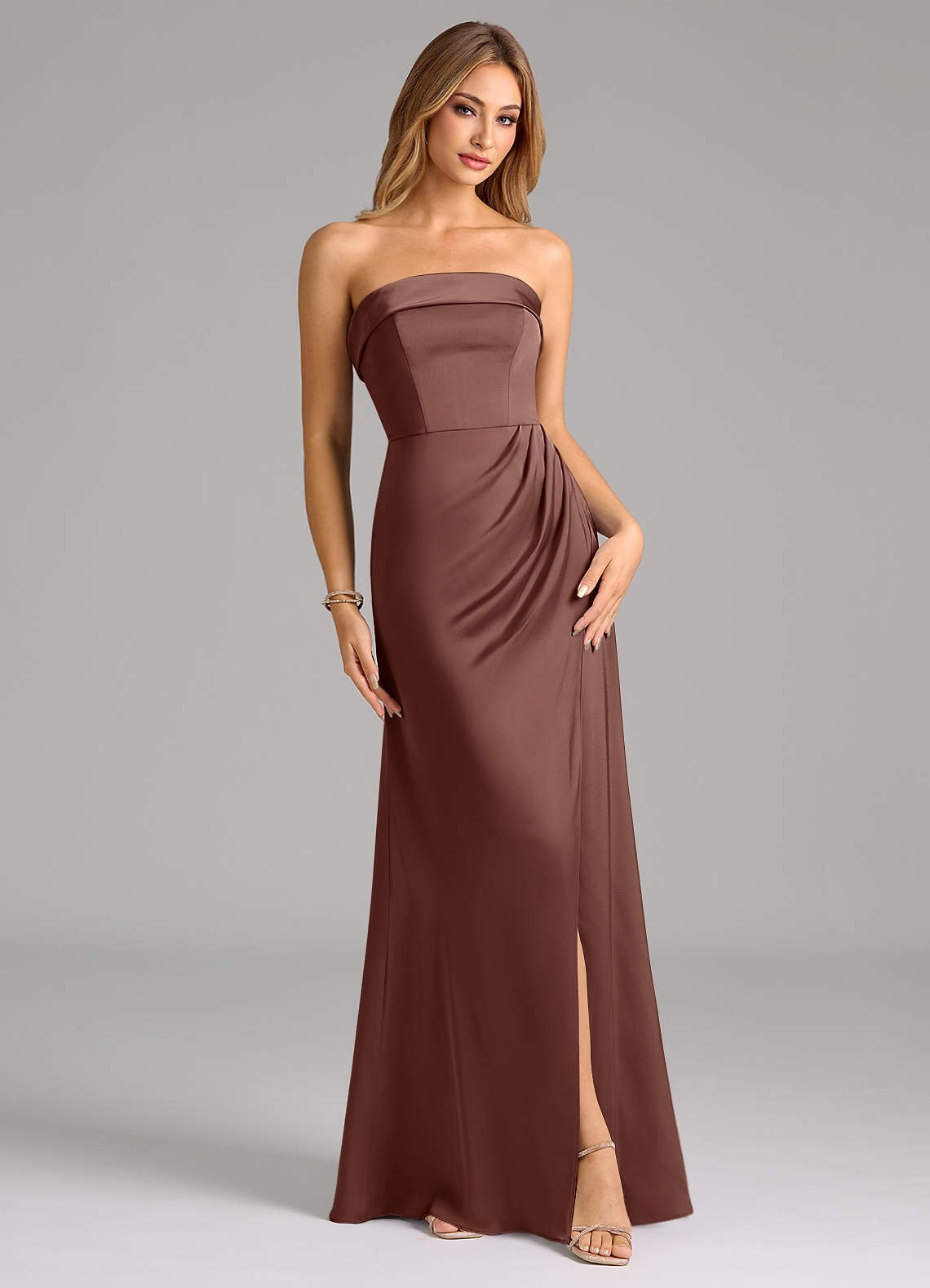 Aretha A-Line Strapless Stretch Satin Bridesmaid Dress in Espresso