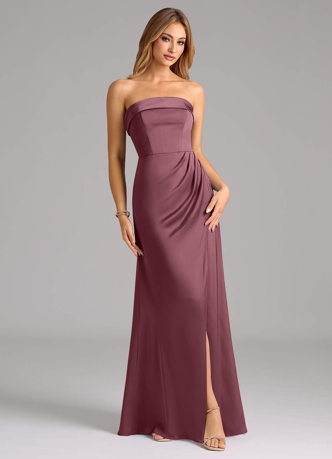 Aretha A-Line Strapless Stretch Satin Bridesmaid Dress in Desert Rose