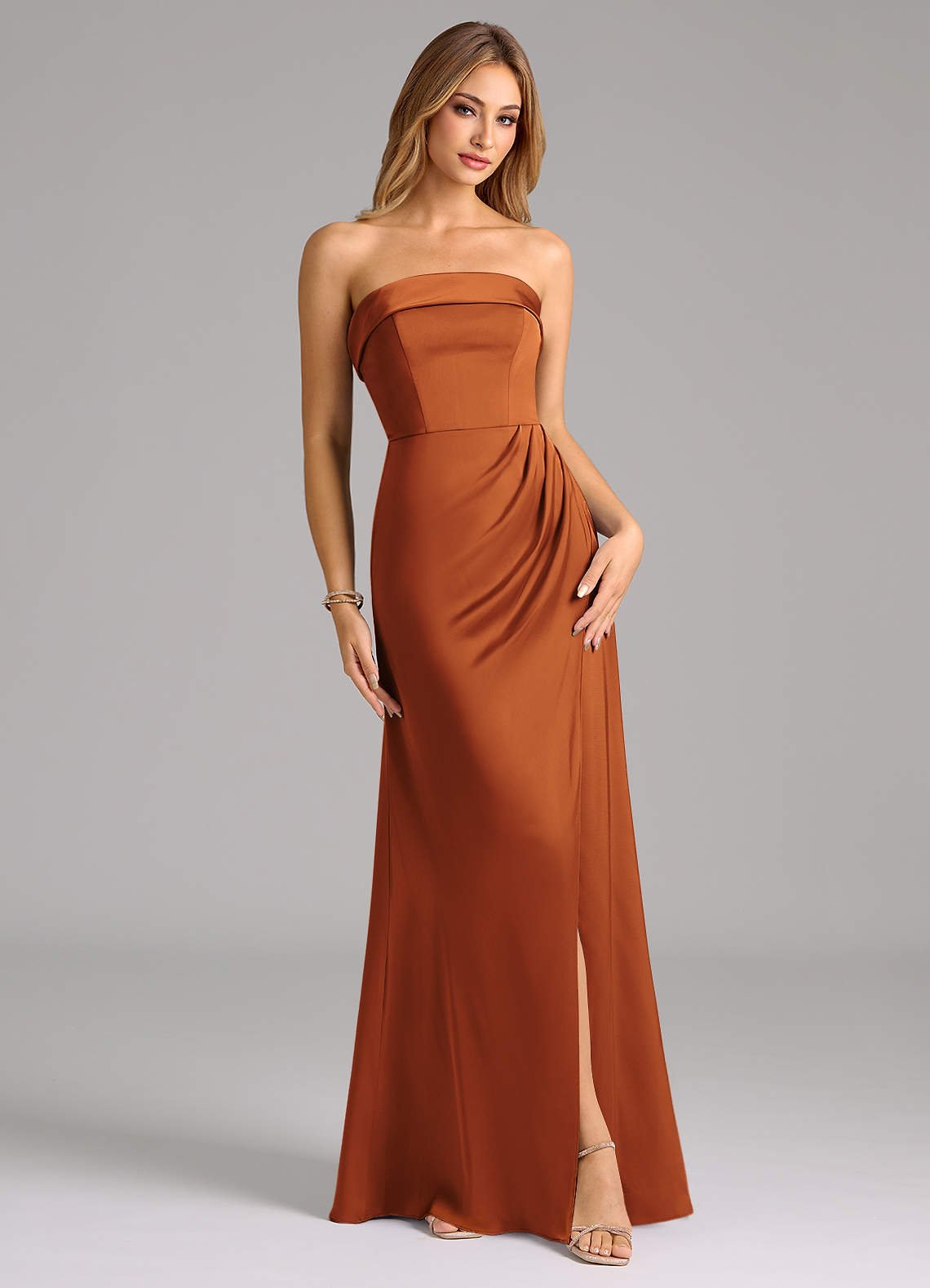Aretha A-Line Strapless Stretch Satin Bridesmaid Dress in Cinnamon