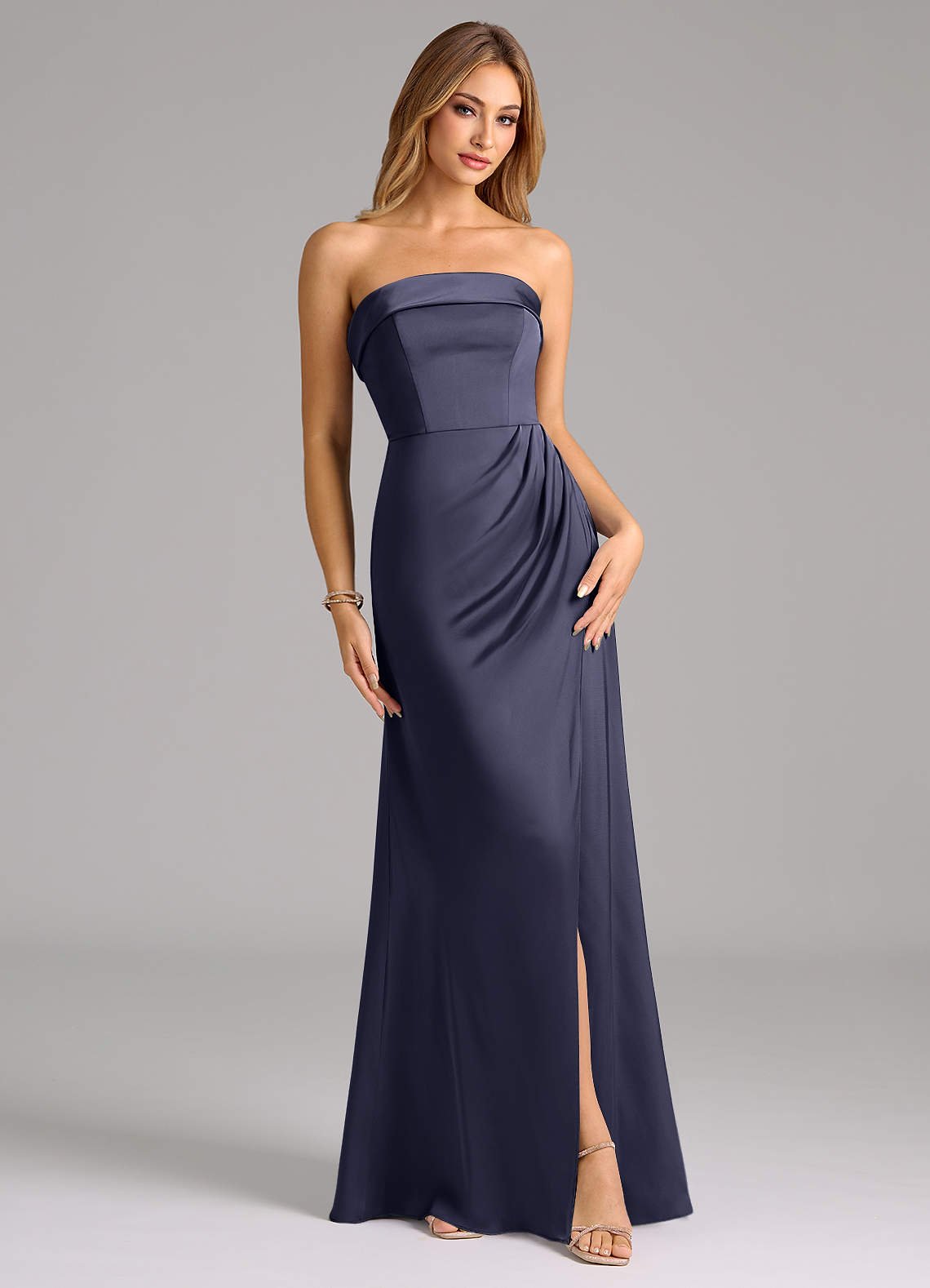 Aretha A-Line Strapless Stretch Satin Bridesmaid Dress in Stormy