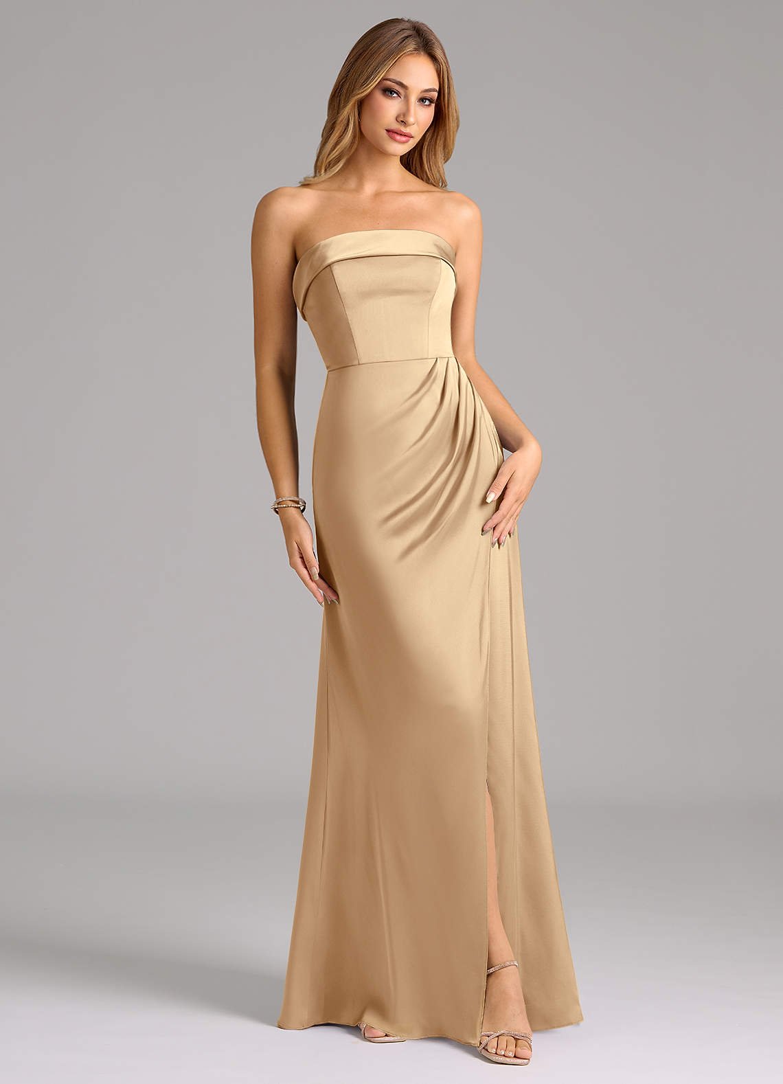 Aretha A-Line Strapless Stretch Satin Bridesmaid Dress in Champagne