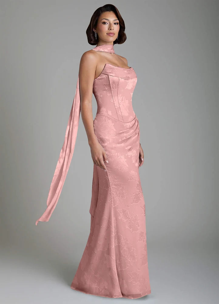Ariah Mermaid Cowl-Neck Jacquard Bridesmaid Dress in Dusty Rose