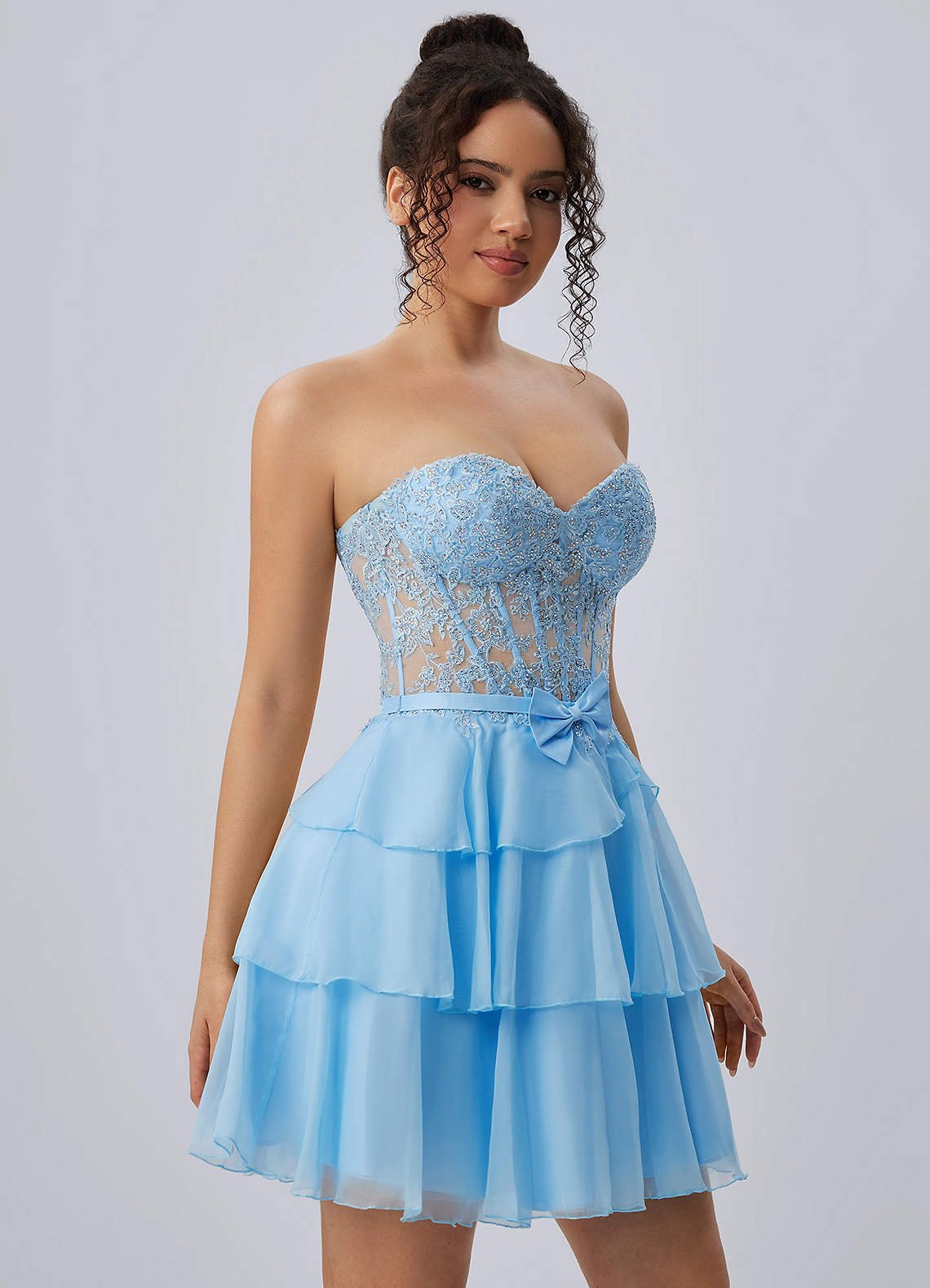Aurelianna A-Line Mini Strapless Floral Chiffon Prom Dress in Sky Blue