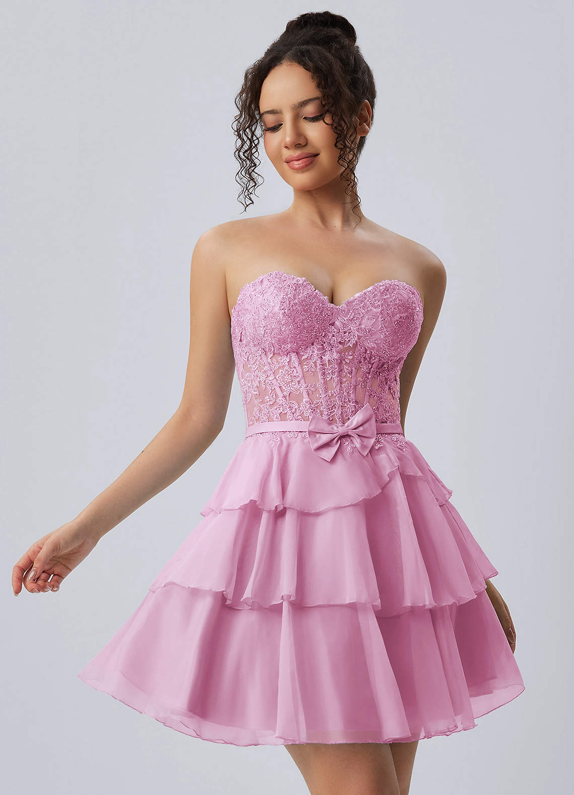 Aurelianna A-Line Mini Strapless Floral Chiffon Prom Dress in pink