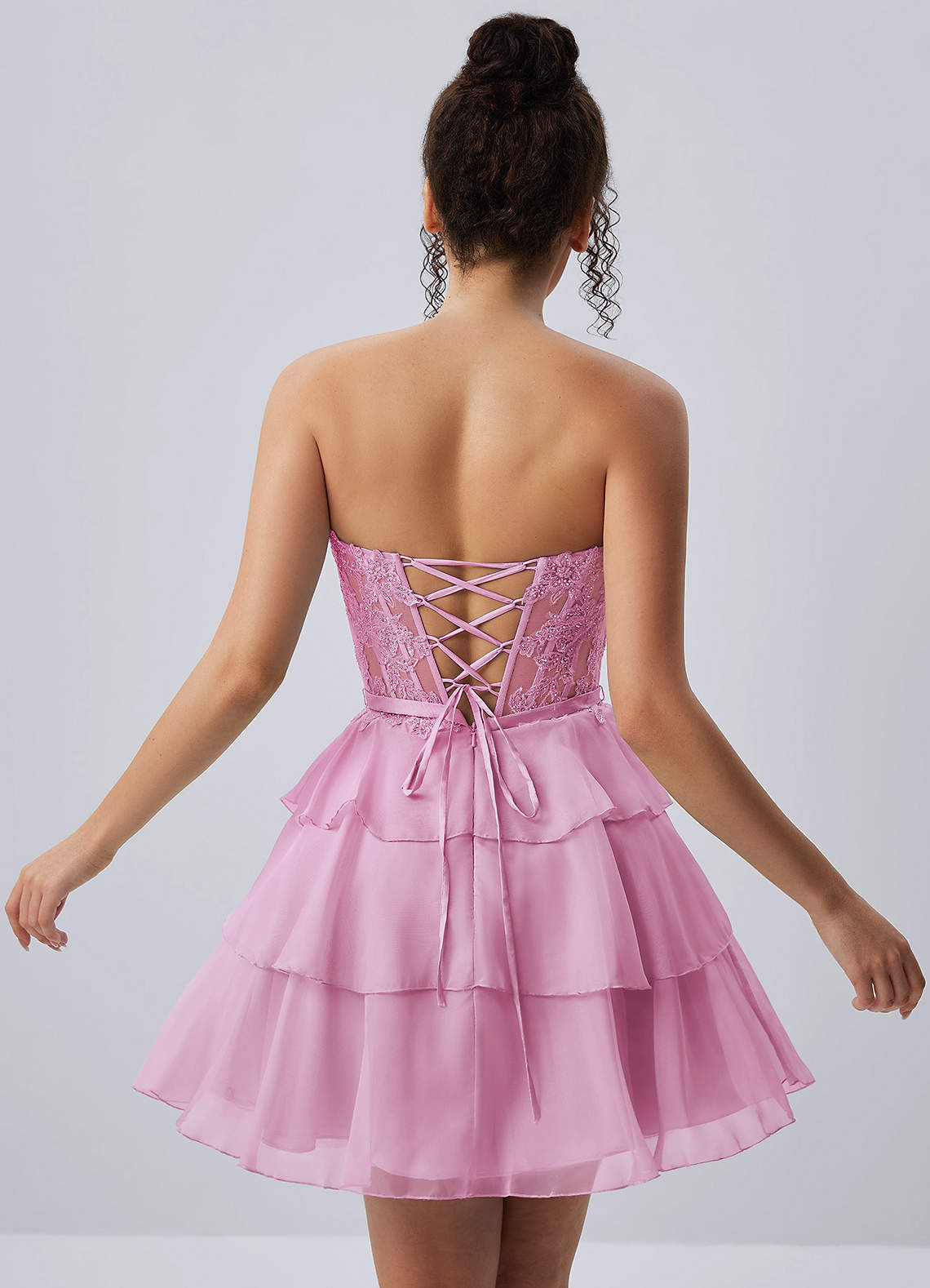 Aurelianna A-Line Mini Strapless Floral Chiffon Prom Dress in pink