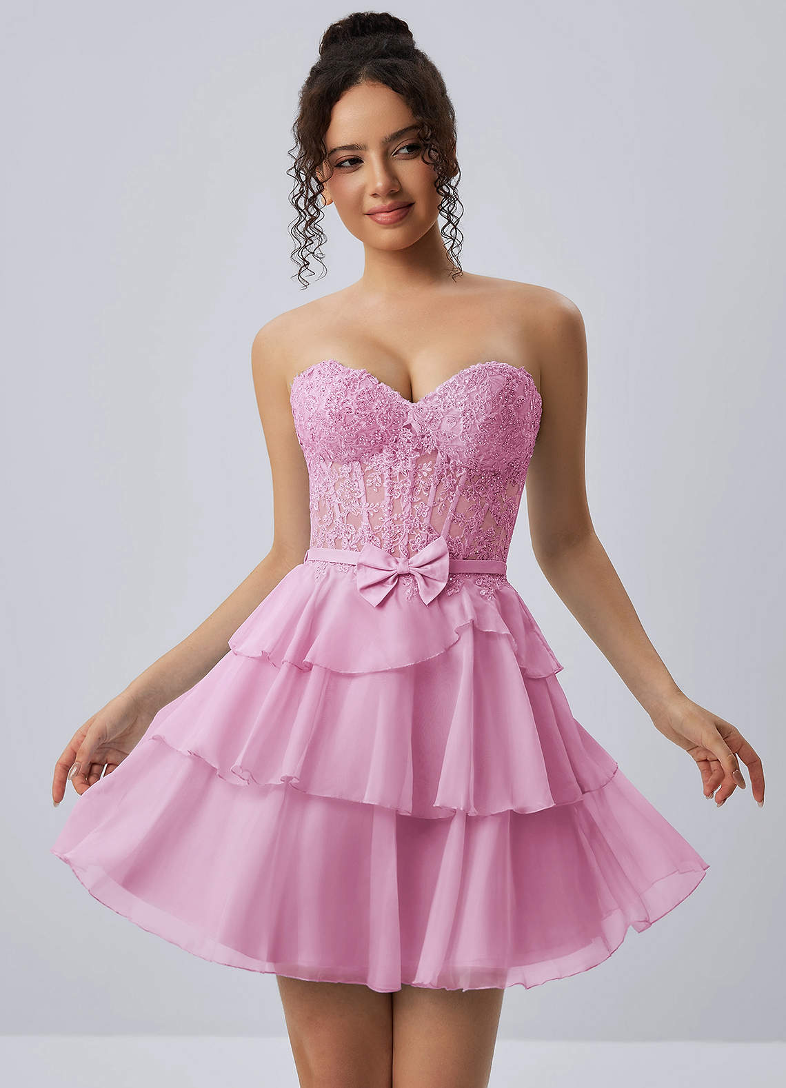 Aurelianna A-Line Mini Strapless Floral Chiffon Prom Dress in pink