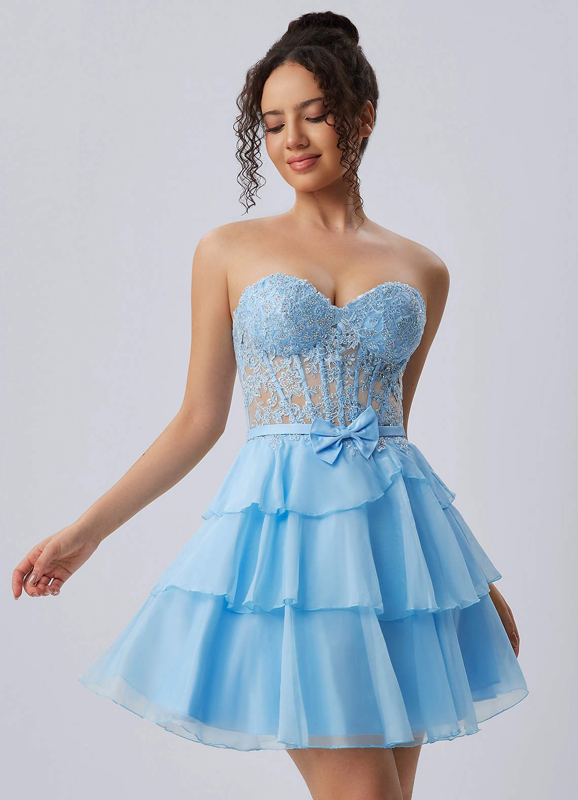 Aurelianna A-Line Mini Strapless Floral Chiffon Prom Dress in Sky Blue