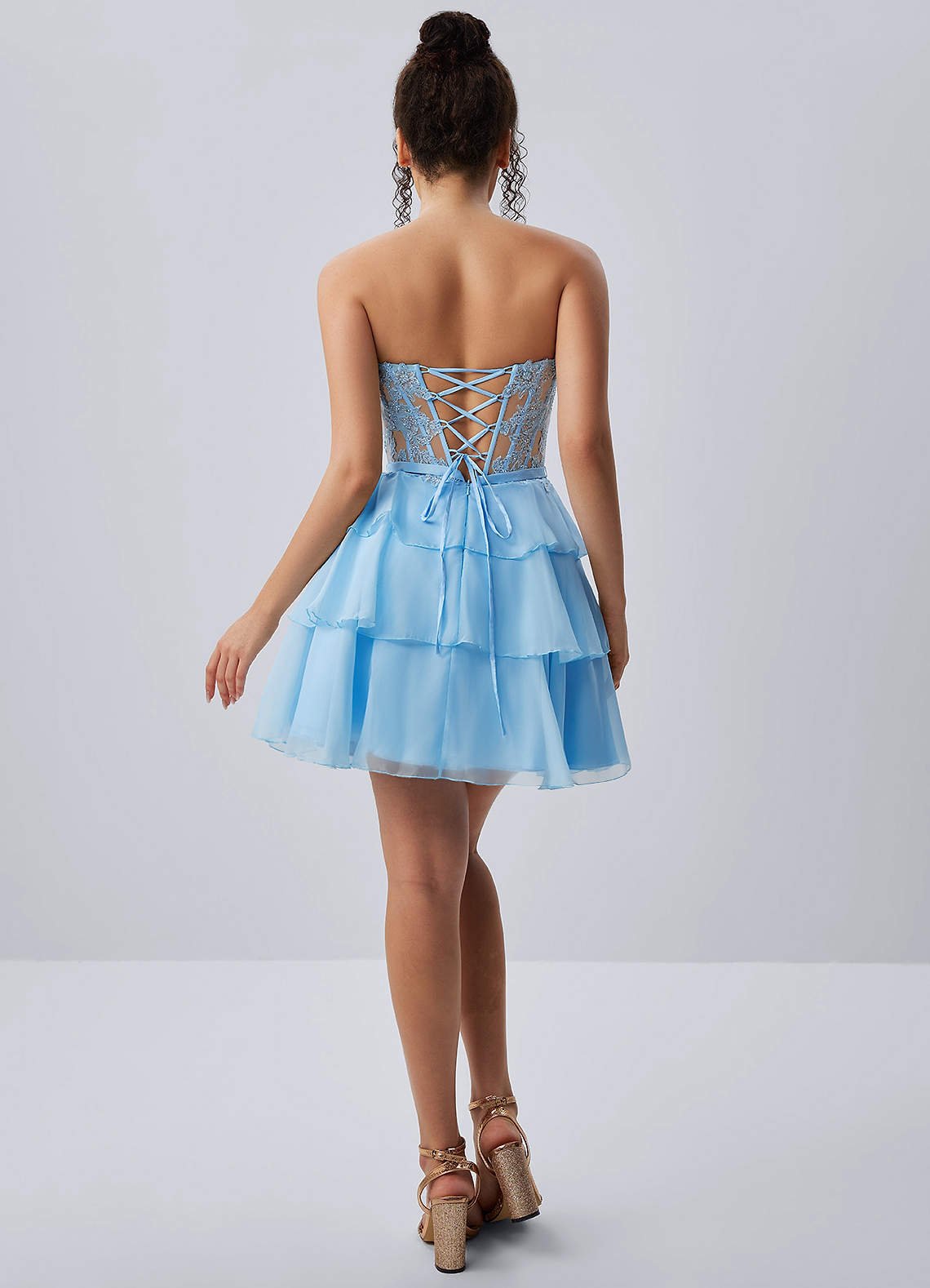 Aurelianna A-Line Mini Strapless Floral Chiffon Prom Dress in Sky Blue