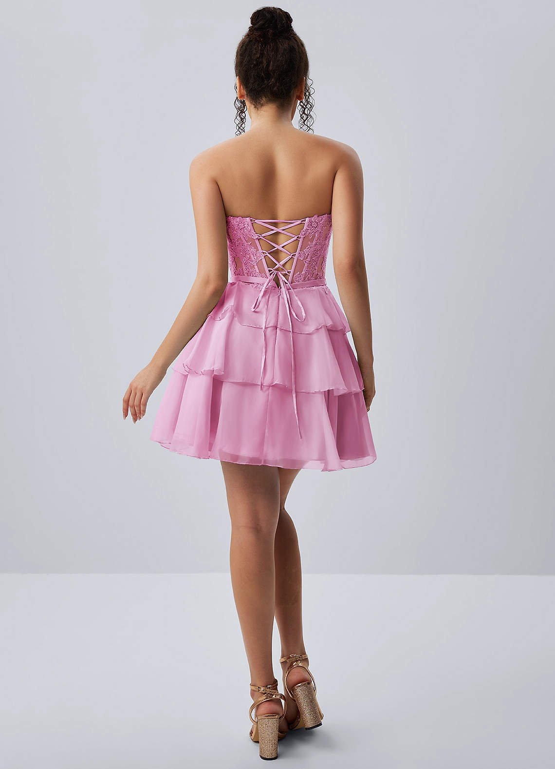 Aurelianna A-Line Mini Strapless Floral Chiffon Prom Dress in pink