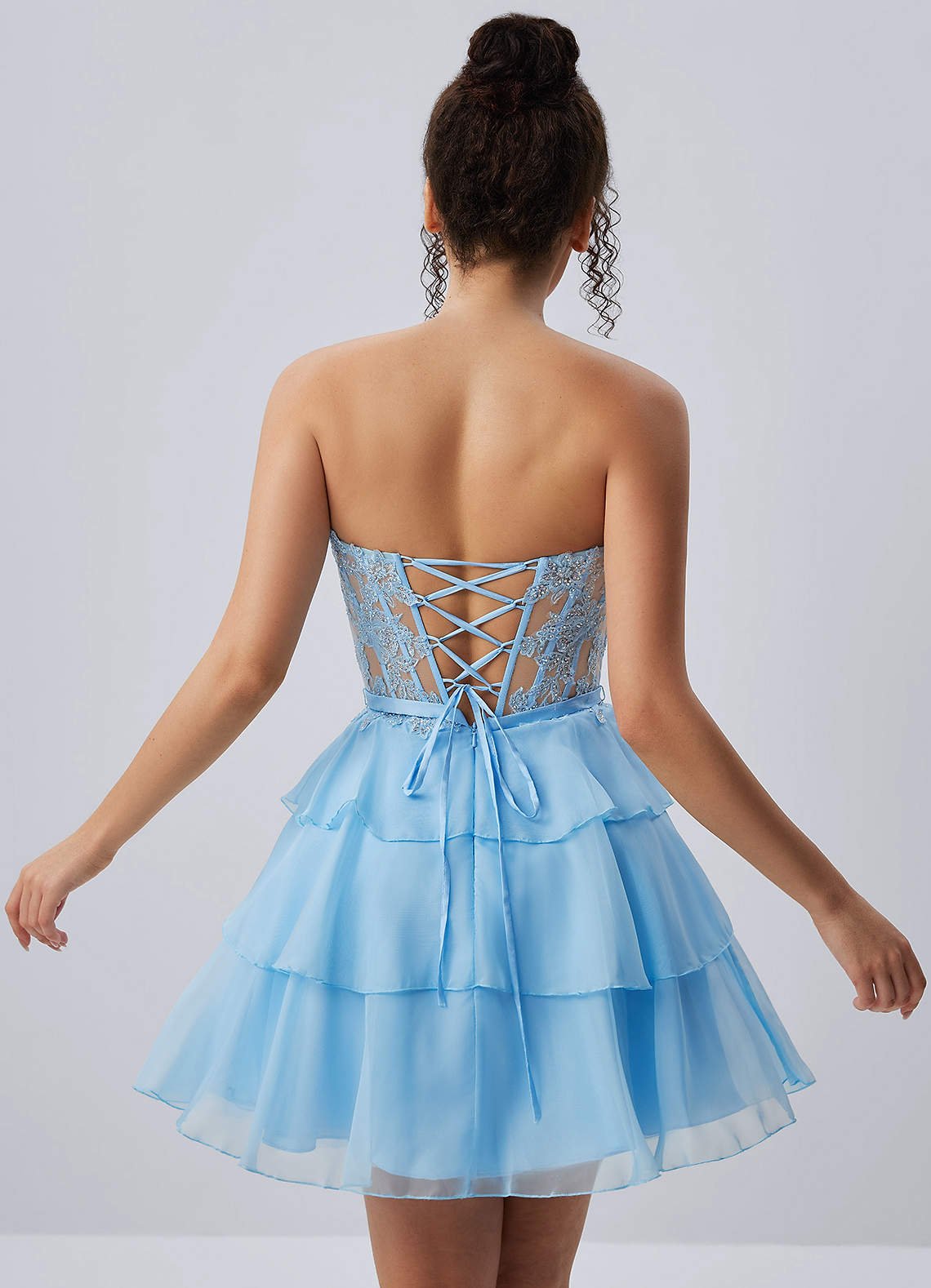 Aurelianna A-Line Mini Strapless Floral Chiffon Prom Dress in Sky Blue