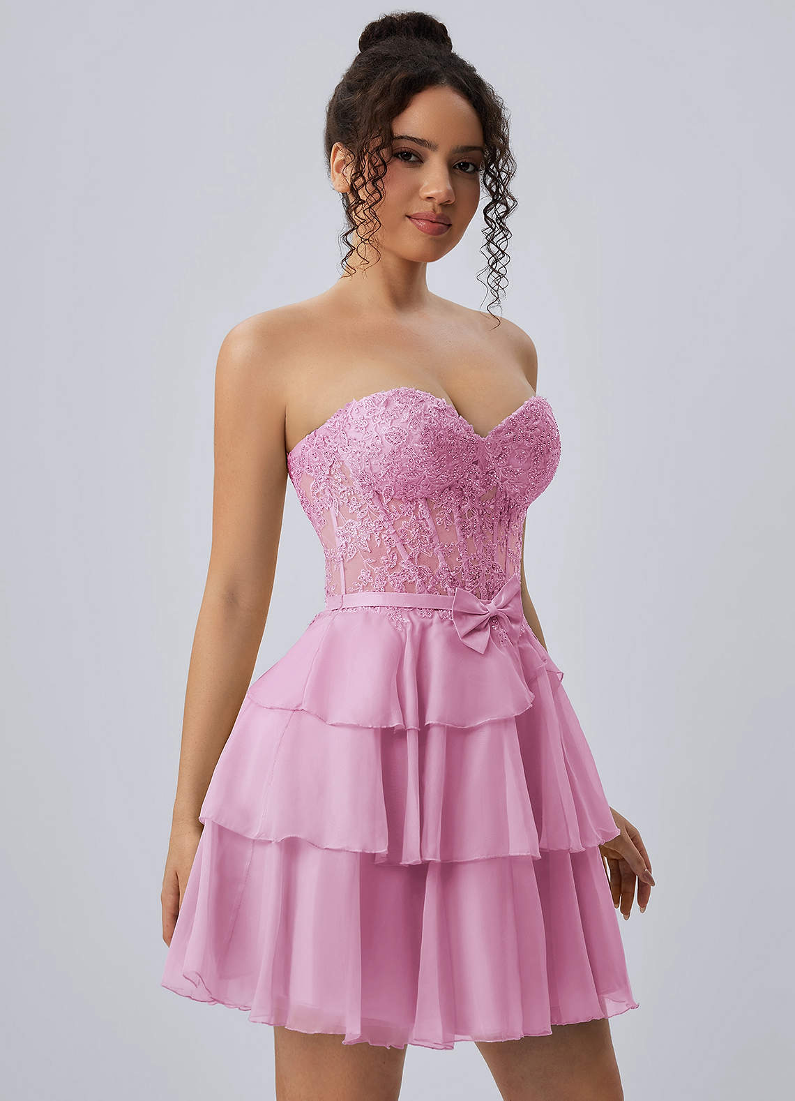 Aurelianna A-Line Mini Strapless Floral Chiffon Prom Dress in pink