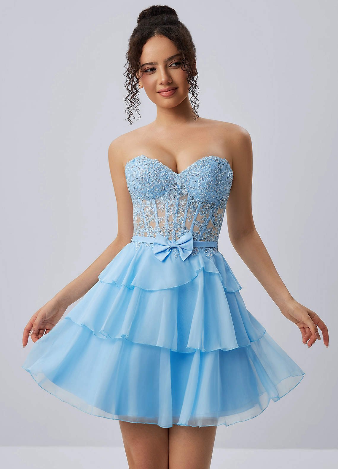 Aurelianna A-Line Mini Strapless Floral Chiffon Prom Dress in pink