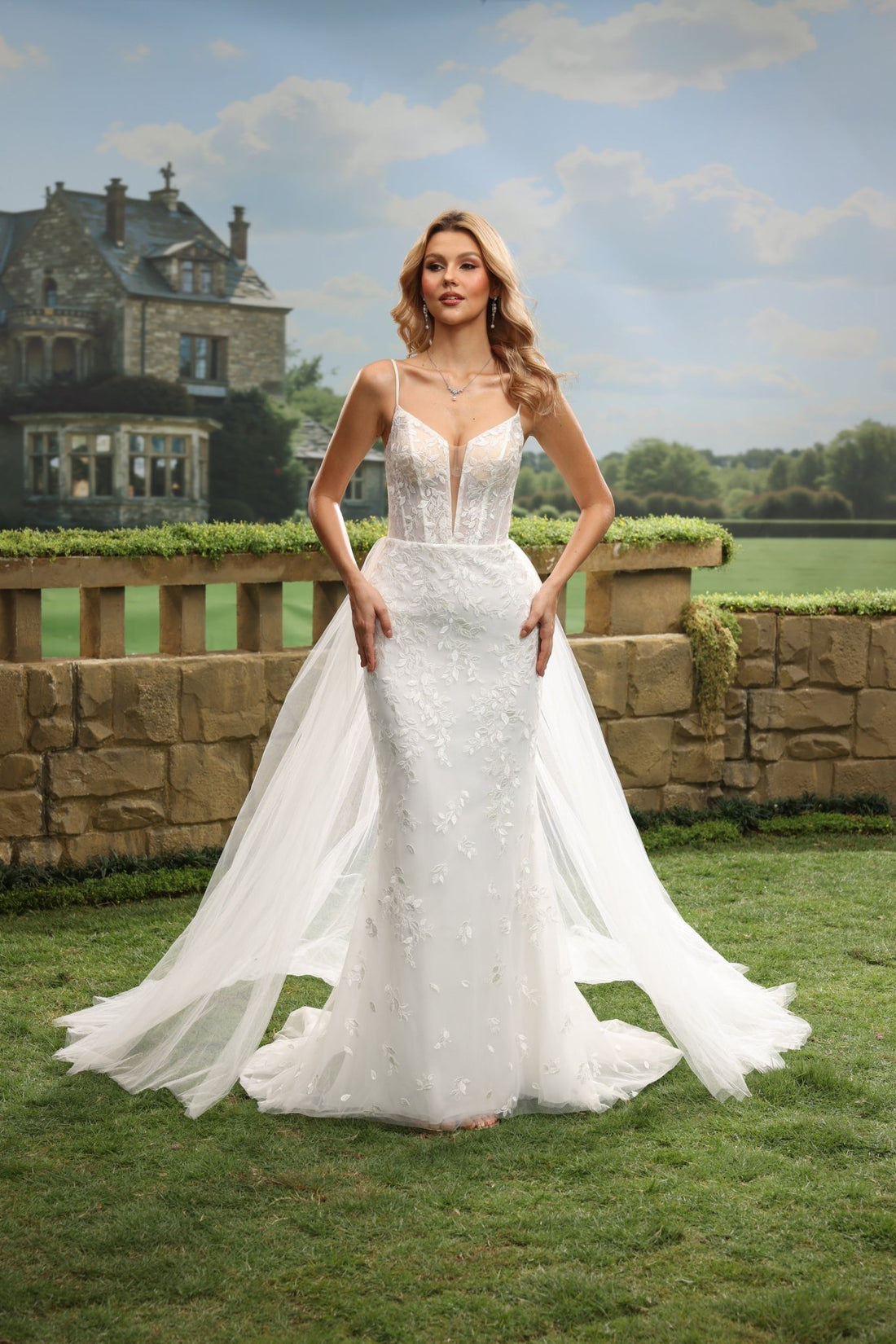 Auralisse white lace tulle wedding dress front view 1
