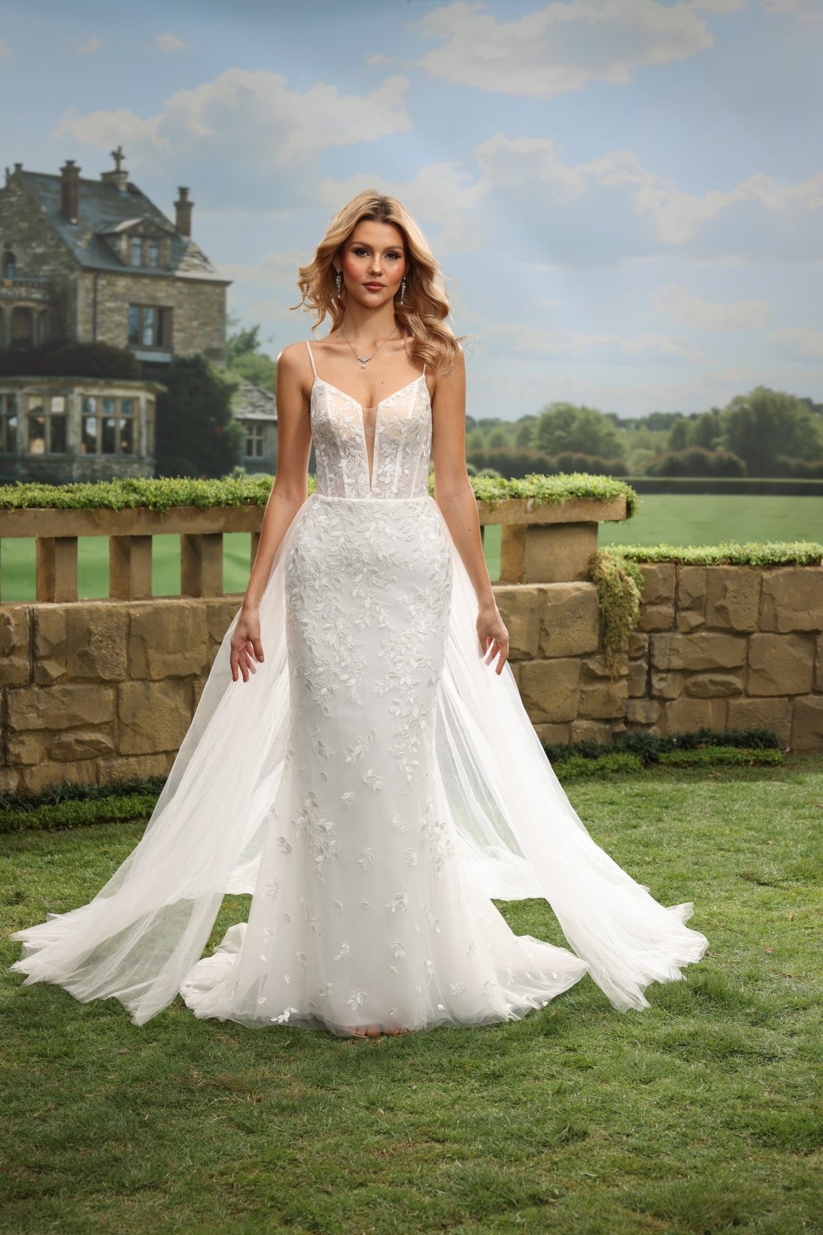 Auralisse white lace tulle wedding dress front view 1