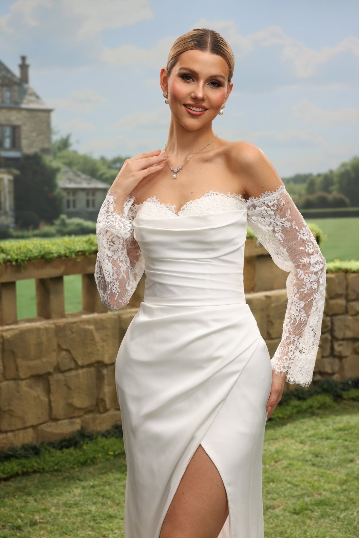 Aven white wedding dress detail view 6