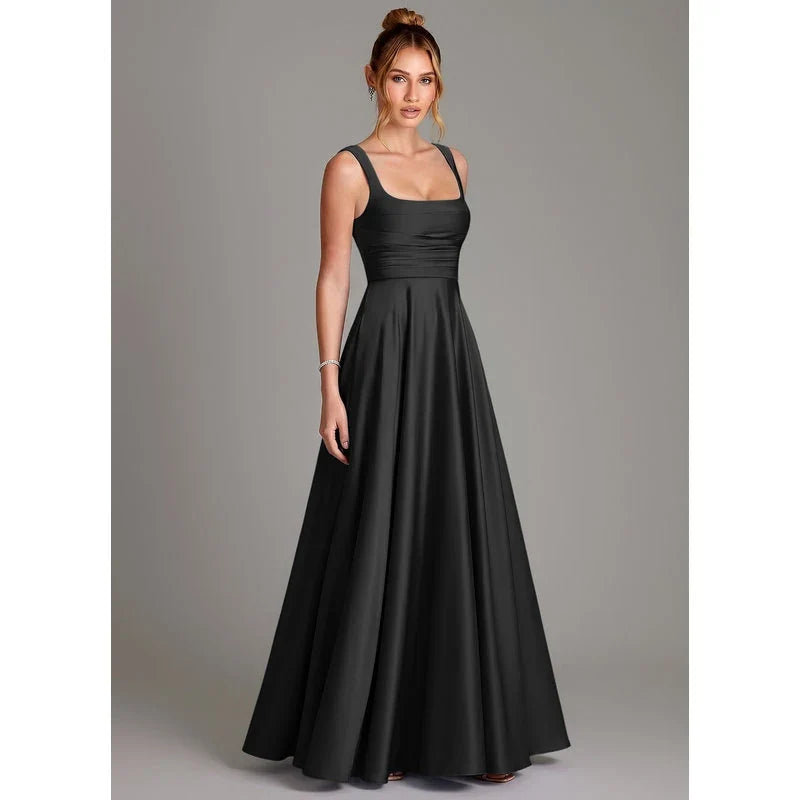 Azaria A-Line Square-Neck Stretch Satin Bridesmaid Dress in black - full-length angled view