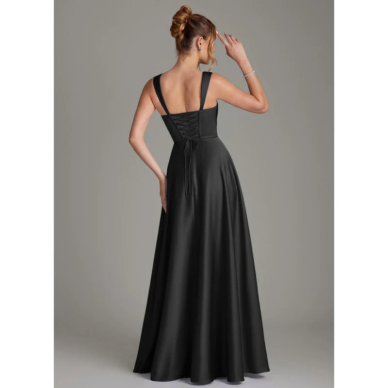 Azaria A-Line Square-Neck Stretch Satin Bridesmaid Dress in black - additional view 2