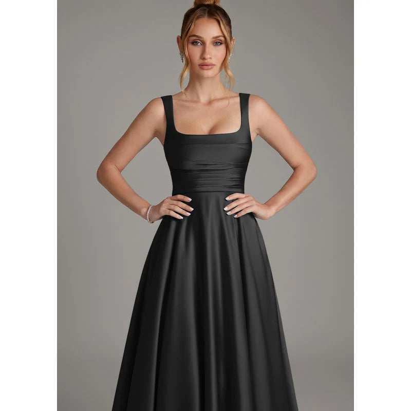 Azaria A-Line Square-Neck Stretch Satin Bridesmaid Dress in black - additional view 3
