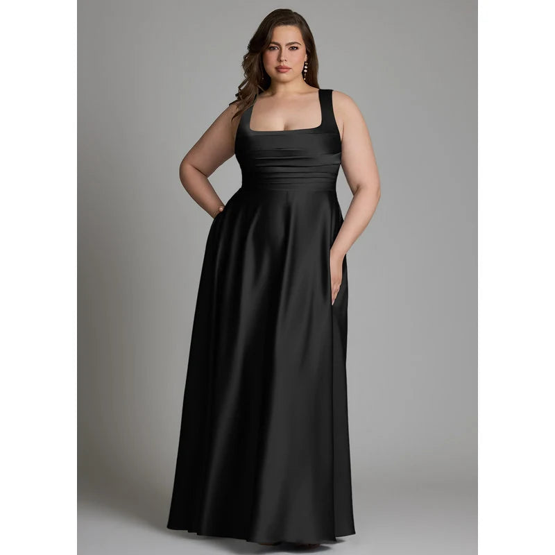 Azaria A-Line Square-Neck Stretch Satin Bridesmaid Dress in black - additional view 4