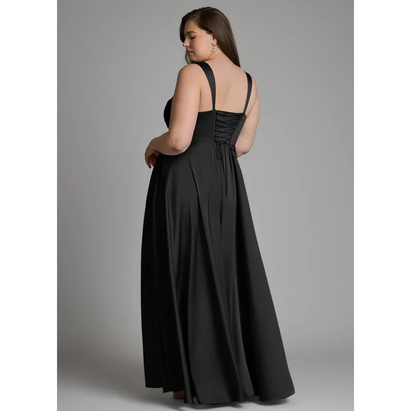 Azaria A-Line Square-Neck Stretch Satin Bridesmaid Dress in black - additional view 5