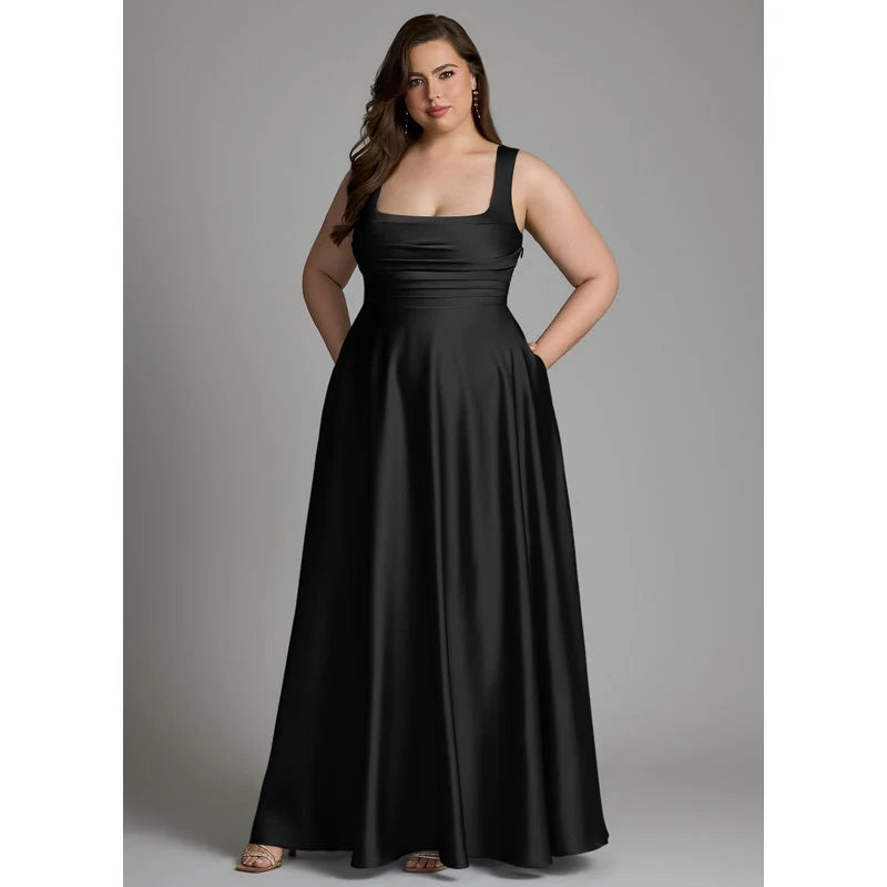 Azaria A-Line Square-Neck Stretch Satin Bridesmaid Dress in black - additional view 6