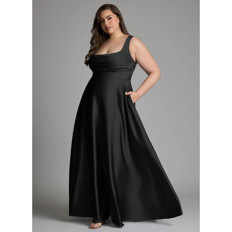 Azaria A-Line Square-Neck Stretch Satin Bridesmaid Dress in black - additional view 7