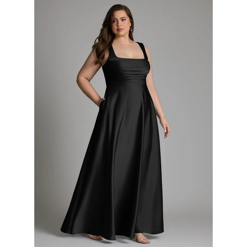 Azaria A-Line Square-Neck Stretch Satin Bridesmaid Dress in black - additional view 8