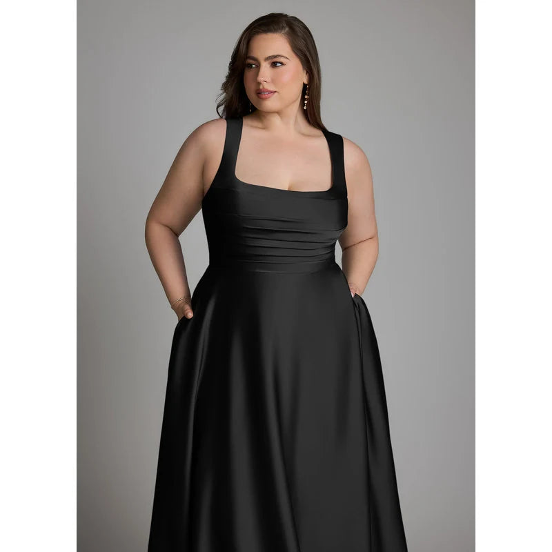 Azaria A-Line Square-Neck Stretch Satin Bridesmaid Dress in black - additional view 9