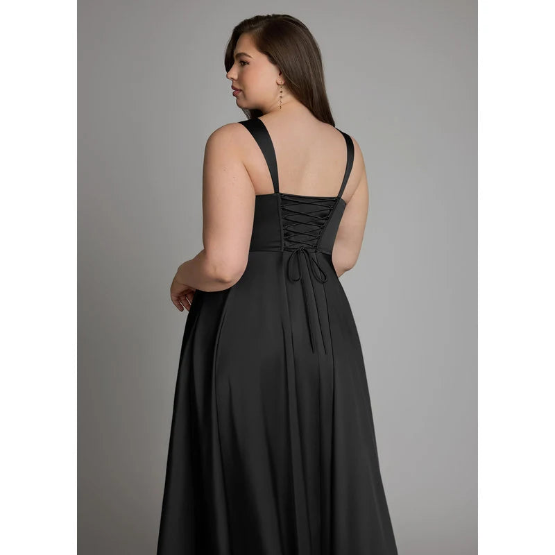 Azaria A-Line Square-Neck Stretch Satin Bridesmaid Dress in black - additional view 10