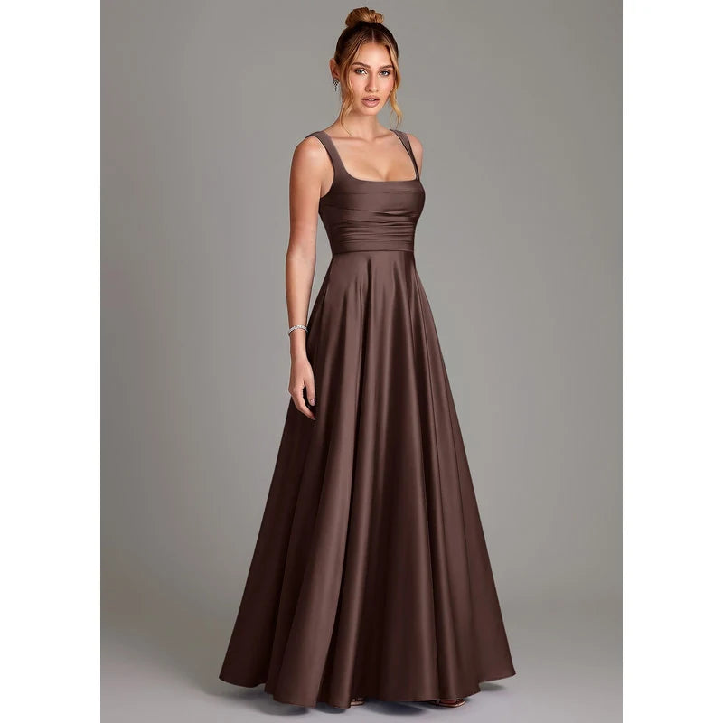 Azaria A-Line Square-Neck Stretch Satin Bridesmaid Dress in Ganache - additional view 1