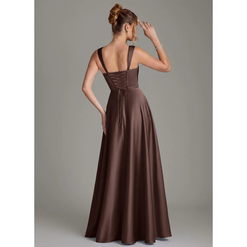 Azaria A-Line Square-Neck Stretch Satin Bridesmaid Dress in Ganache - additional view 2