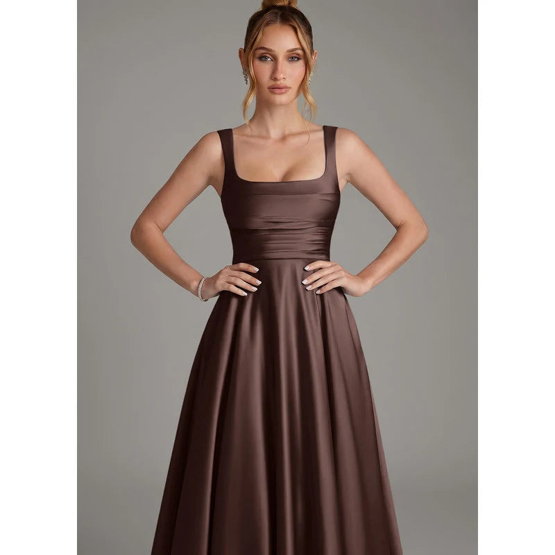 Azaria A-Line Square-Neck Stretch Satin Bridesmaid Dress in Ganache - additional view 3