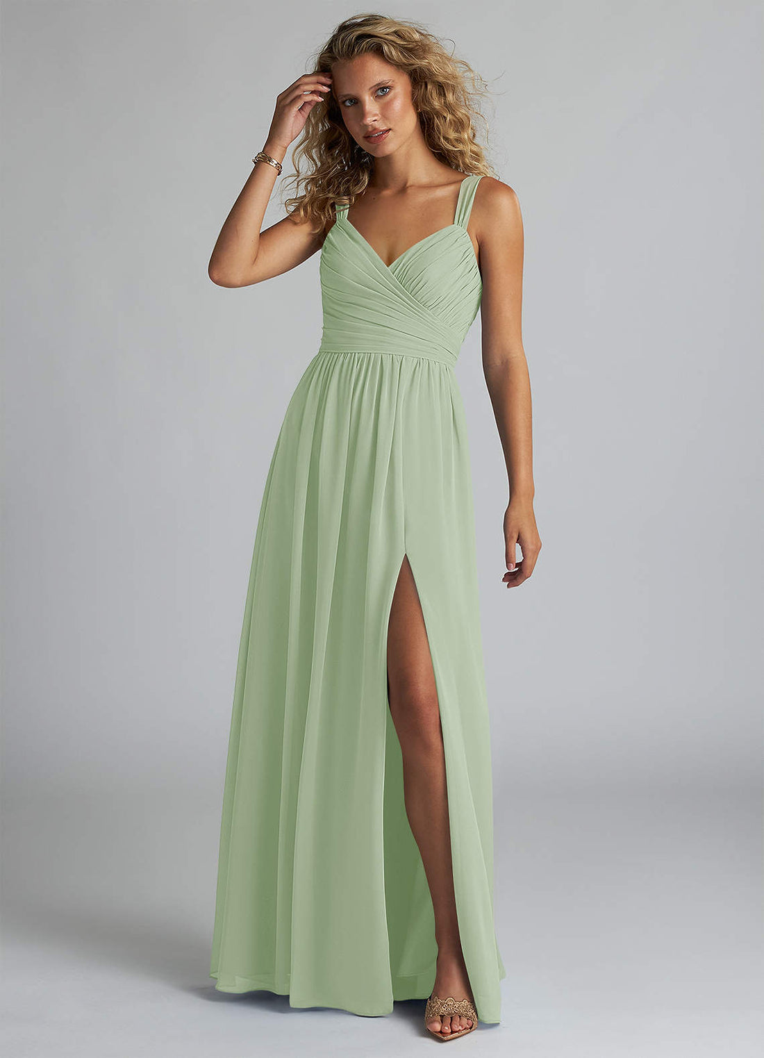Aziza A-Line V-Neck Chiffon Bridesmaid Dress in Dusty Sage